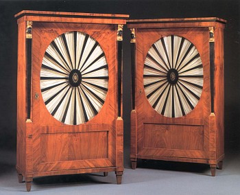 19th-Century AUSTRIAN -&nbsp;19th-Century AUSTRIAN Pair of Biedermeier Gilt-Metal-Mounted Black Walnut, Ebonized and Parcel Gilt Cabinets, 1800-1825 ZZZ-MEDIA-FURNITURE 66 1/2 x 40 1/8 x 21 in. (168.9 x 101.9 x 53.3 cm)