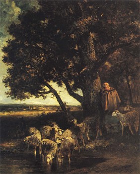 Work:&nbsp;Charles Emile Jacque-WOWSA A Shepherdess and her Flock by a Pool, 1870-73 32 x 26 in. (81.3 x 66 cm)